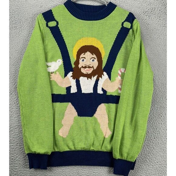 Tipsy Elves Sweater Mens Medium Green Blue Sweet Baby Jesus Christmas Crew Neck - Picture 4 of 10